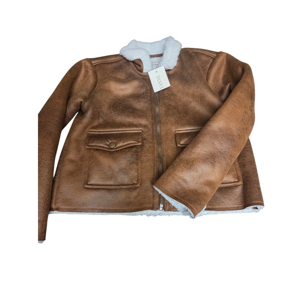 Brown Faux Shearling Aviator Jacket Sherpa Lined Zip Moto Coat NWT Size